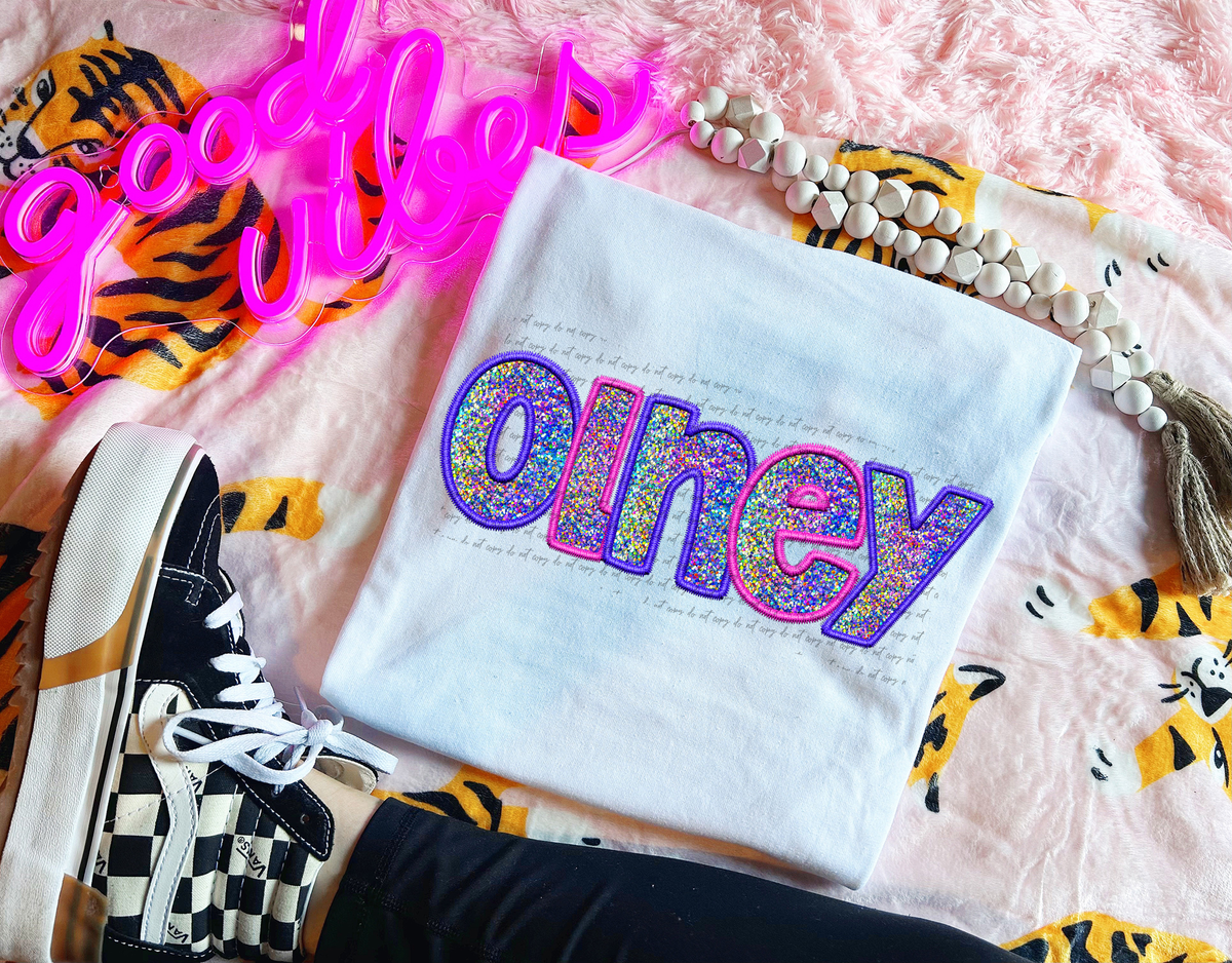 Olney Faux Embroidery Pink Blue 76073 DTF Transfer