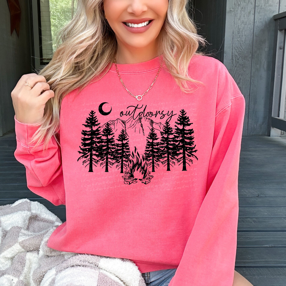 Outdoorsy Mountains Trees and Bonfire Black Font 116003 DTF Transfer