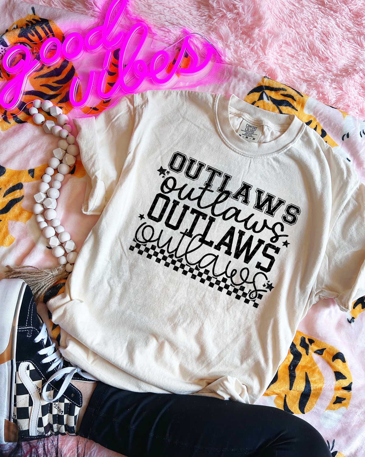 Outlaws Varsity And Cursive Font Checkers Black 86629 DTF Transfer
