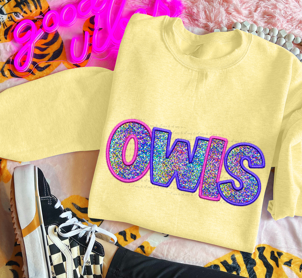 Owls Faux Embroidery Pink Blue 76074 DTF Transfer