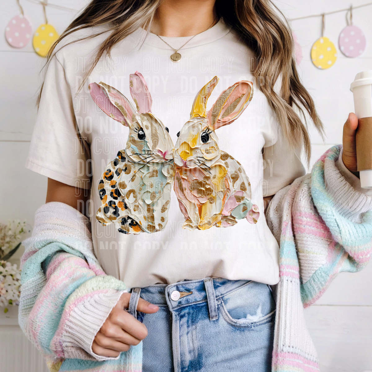 Two faux painted bunnies with leopard (SBB) DTF transfer