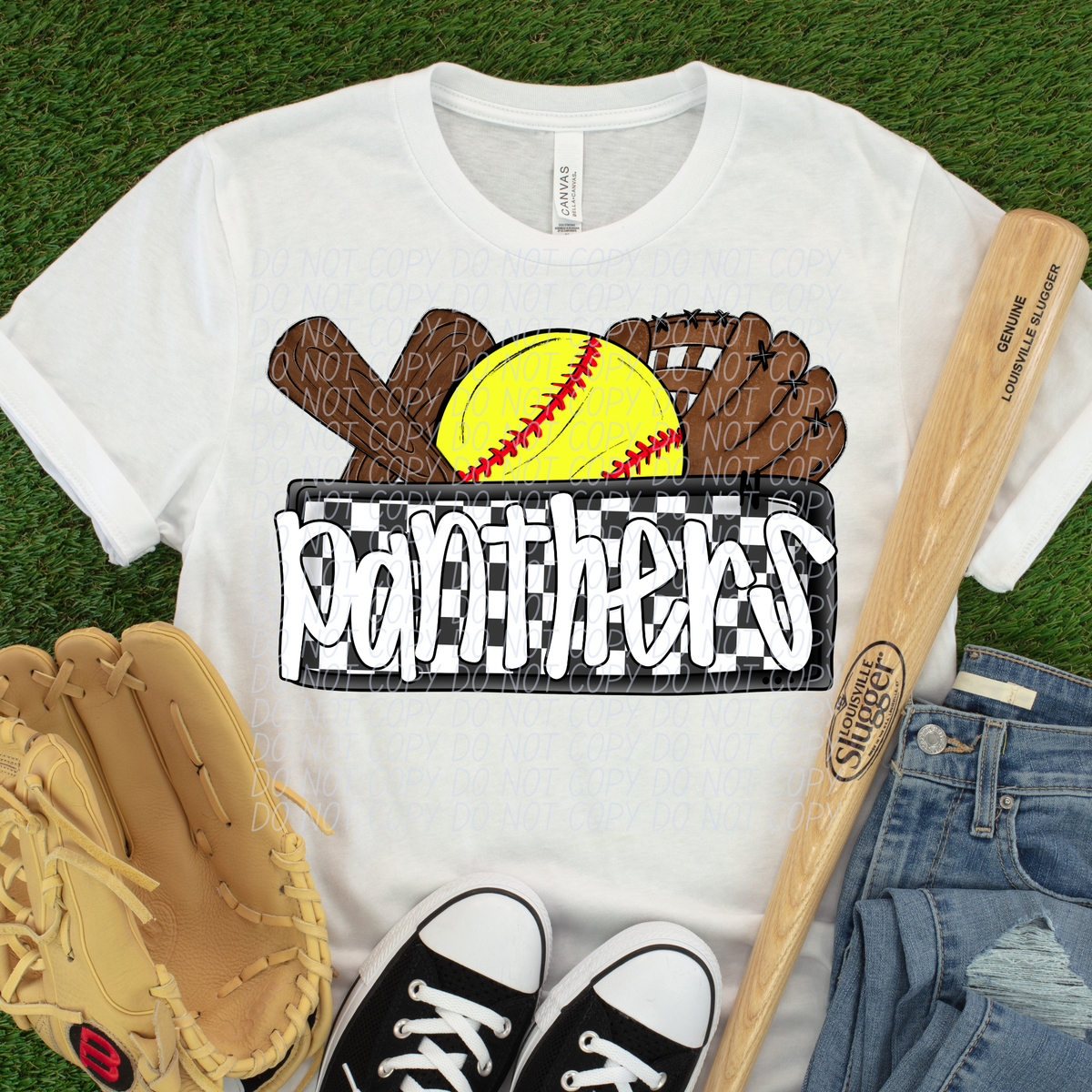Panthers (Bat, Softball, Glove, Checkered background) (City) DTF transfer