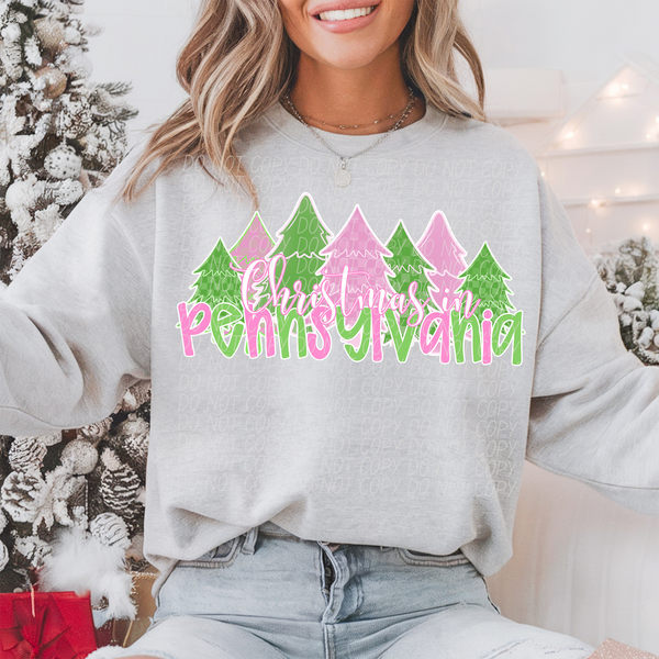 Christmas In Pennsylvania Green Pink White Outline 74322 DTF Transfer