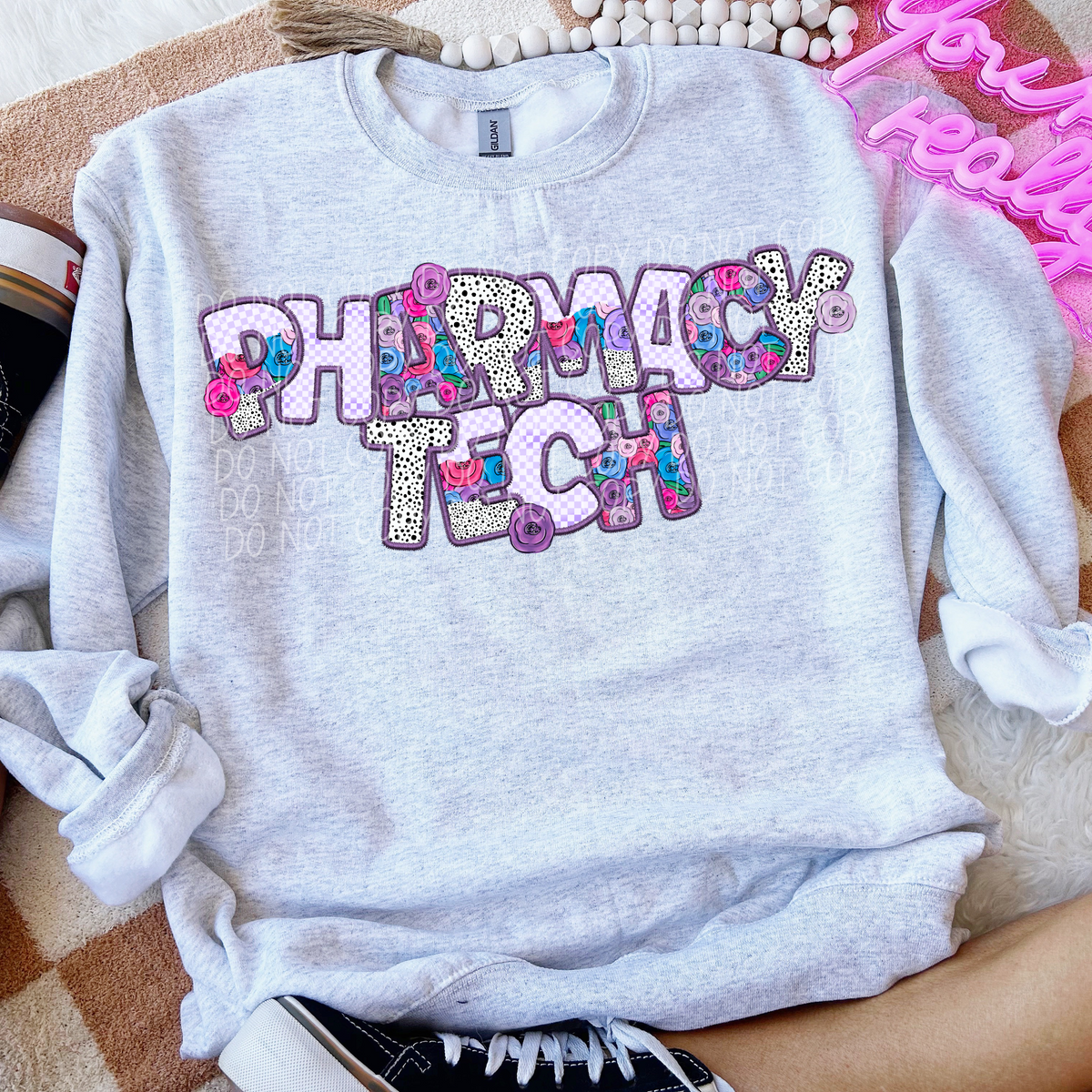 Pharmacy Tech Floral Purple Checkered (CITY) DTF transfer