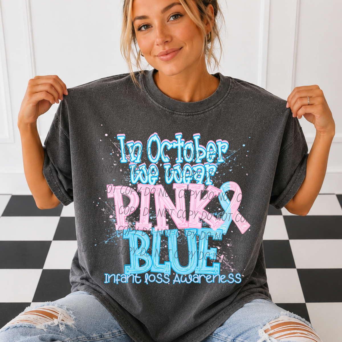 In October we wear pink and blue-Blue font (CITY) DTF Transfer