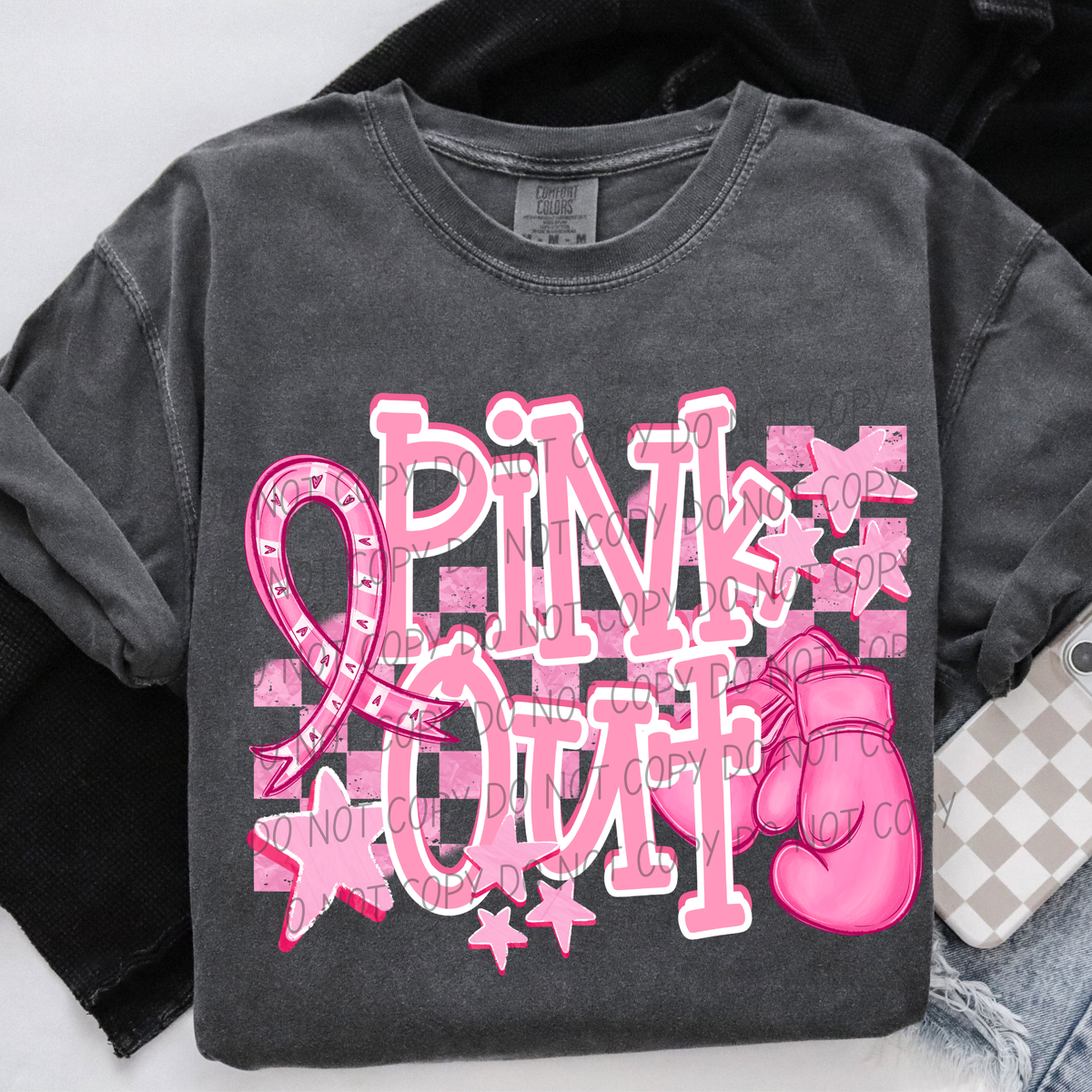 Pink out -checker background with stars/gloves (CITY) DTF Transfer