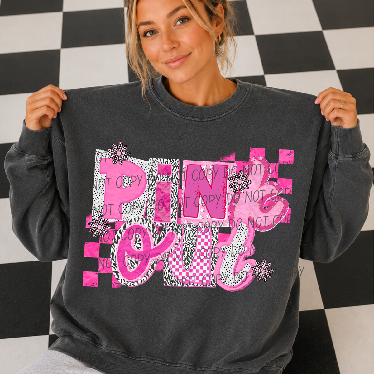 Pink out-checkered background/ flowers (CITY) DTF Transfer