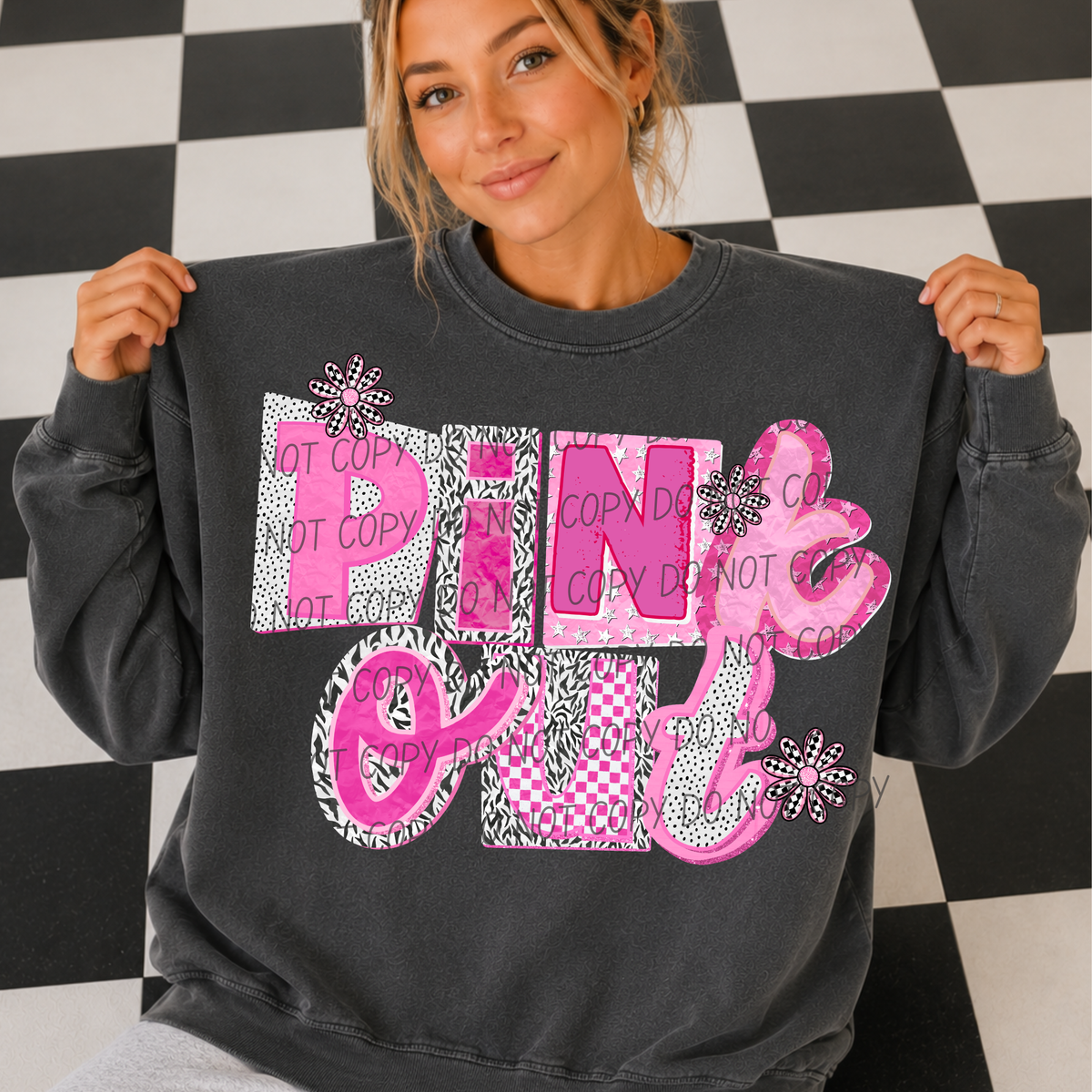 Pink out-checkered flowers (CITY) DTF Transfer