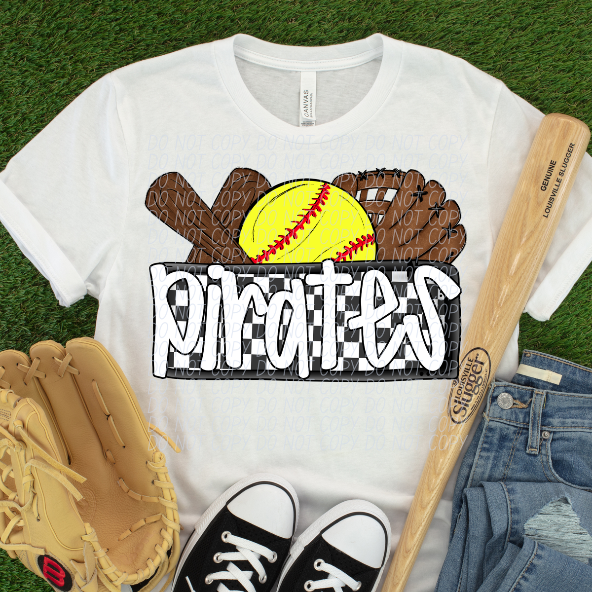 Pirates (Bat, Softball, Glove, Checkered background) (City) DTF transfer (