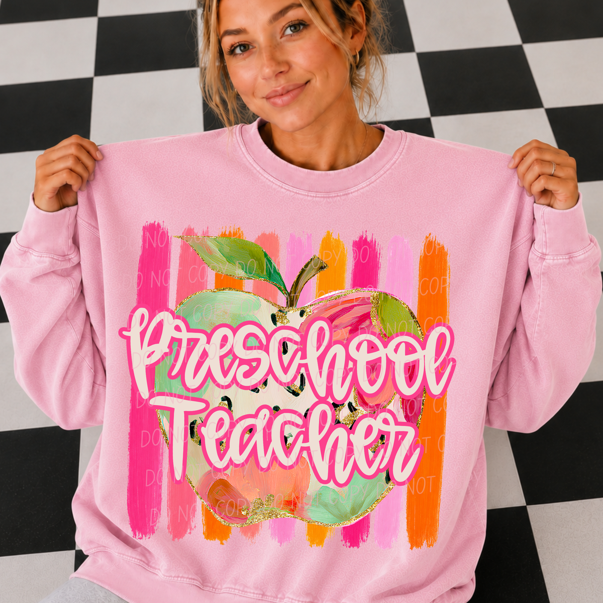 Preschool Teacher apple with stripes (City) DTF transfer)
