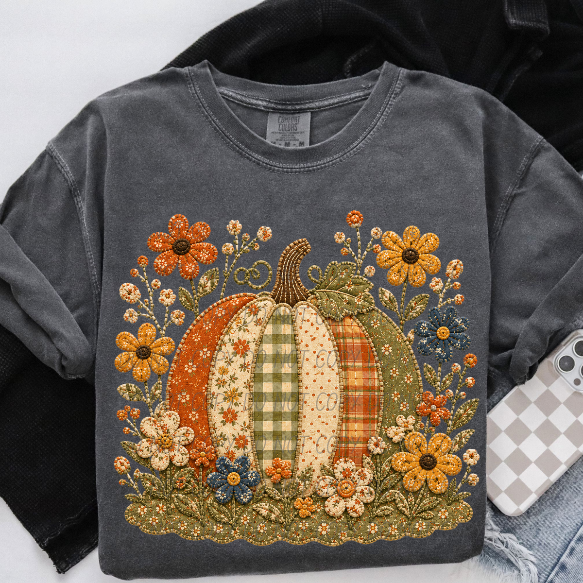 pumpkin and flowers faux embroidery (City) DTF Transfer