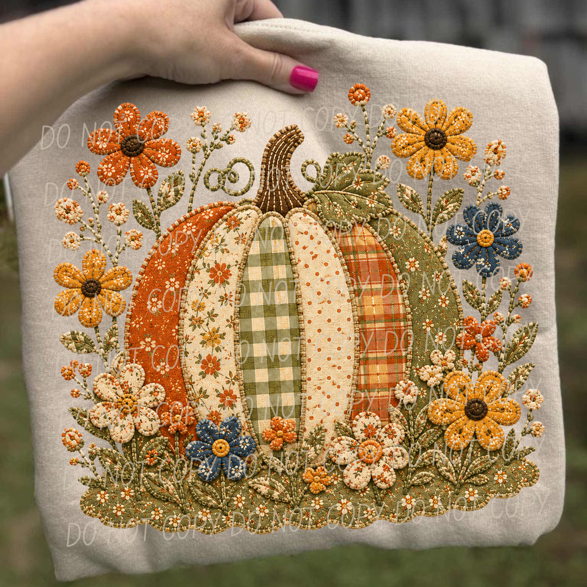 pumpkin and flowers 2 faux embroidery (City) DTF Transfer