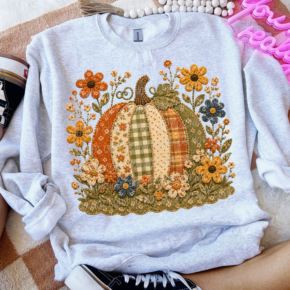pumpkin and flowers faux embroidery (City) DTF Transfer