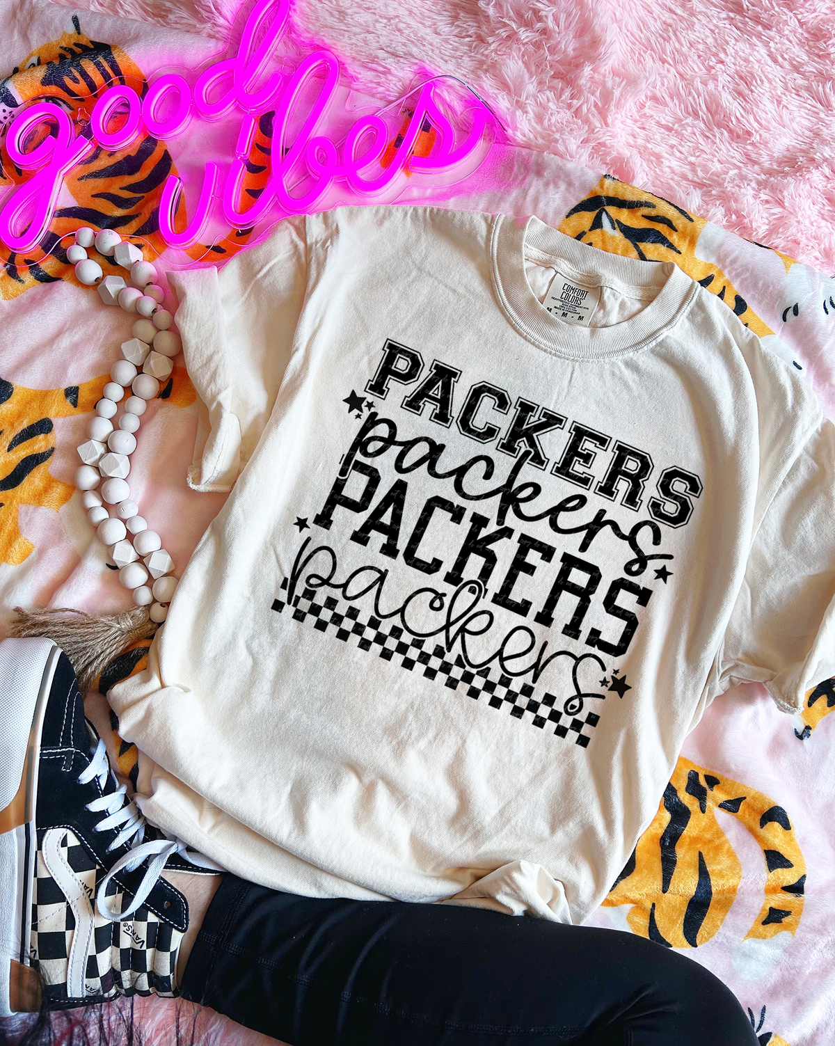 Packers Varsity And Cursive Font Checkers Black 86630 DTF Transfer