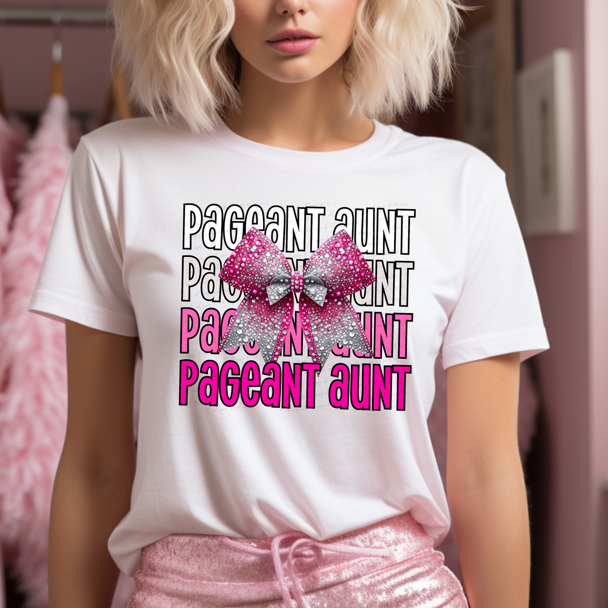 Pageant Aunt Stacked Pink and Silver Bow 117936 DTF transfer