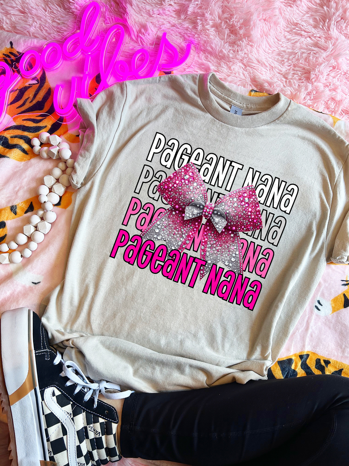 Pageant Nana Stacked Pink and Silver Bow 117804 DTF transfer