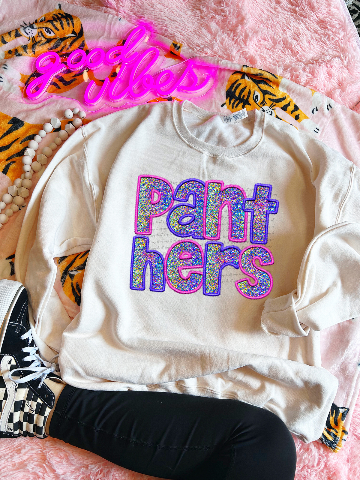 Panthers Faux Embroidery Pink Blue 76075 DTF Transfer