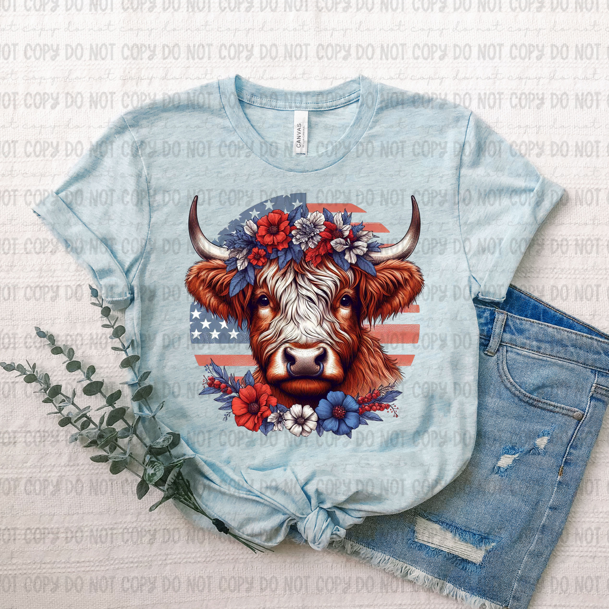 Patriotic highland cow (Revel) 106836 DTF transfer