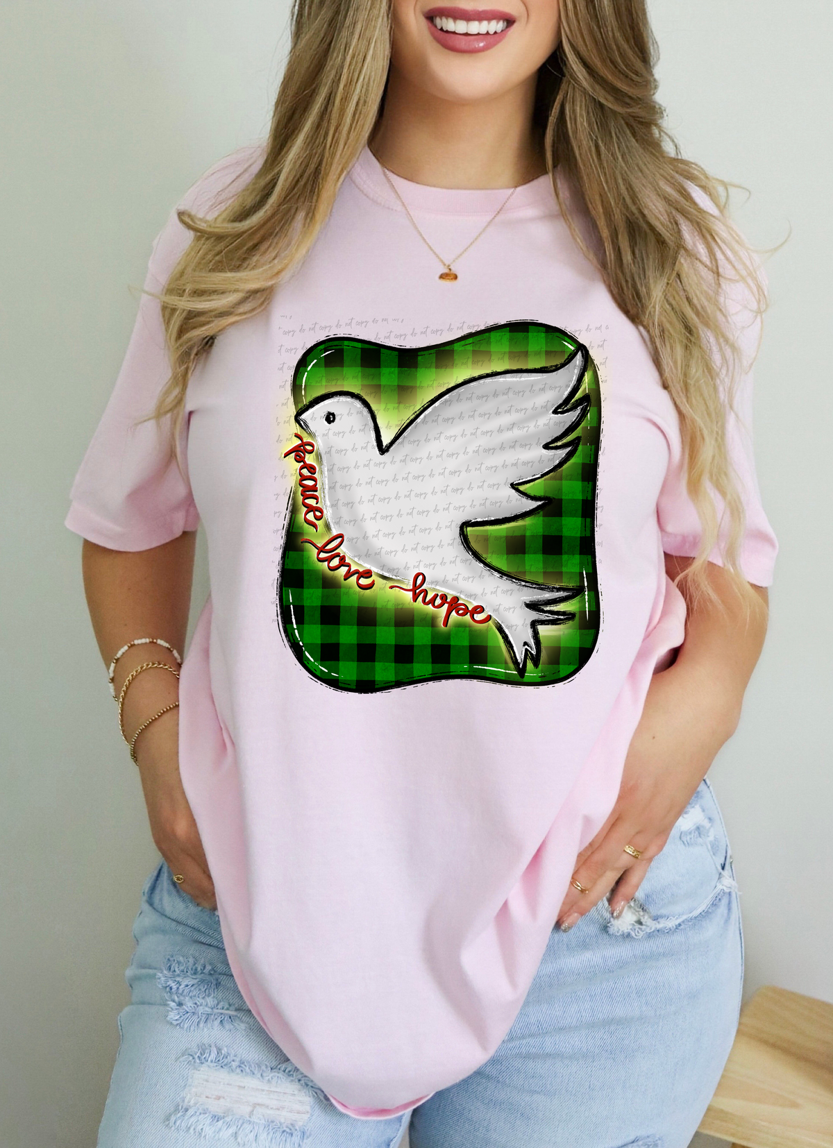 Peace Love Hope Dove Green Checkered Background 114936 DTF Transfer