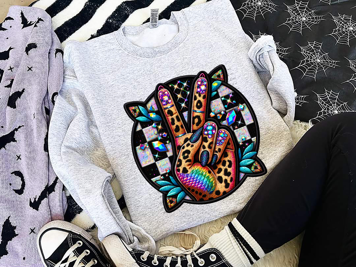 Faux Embroidery Peace Sign Leopard Hand 57403 DTF transfer