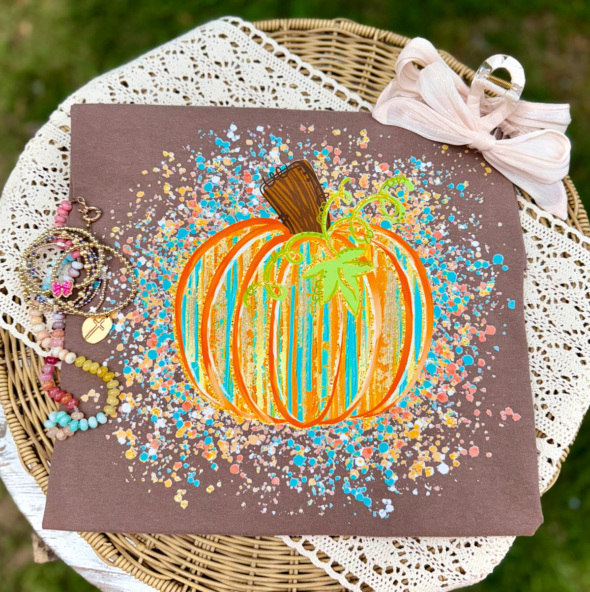 Pumpkin splatter orange and blue Sunday Special DTF transfer
