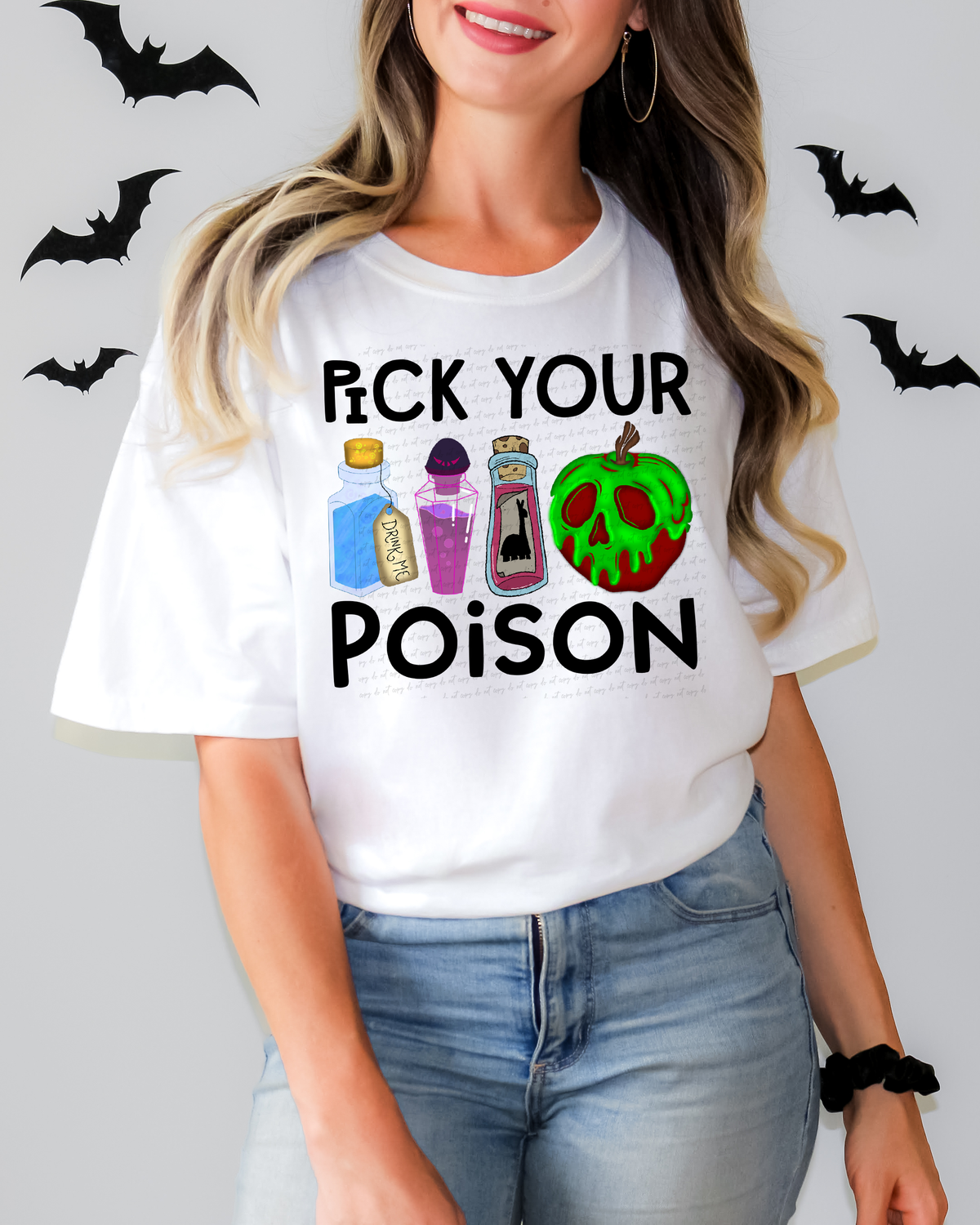 Pick your poison black font drink me tag green covered apple 115216 DTF Transfer