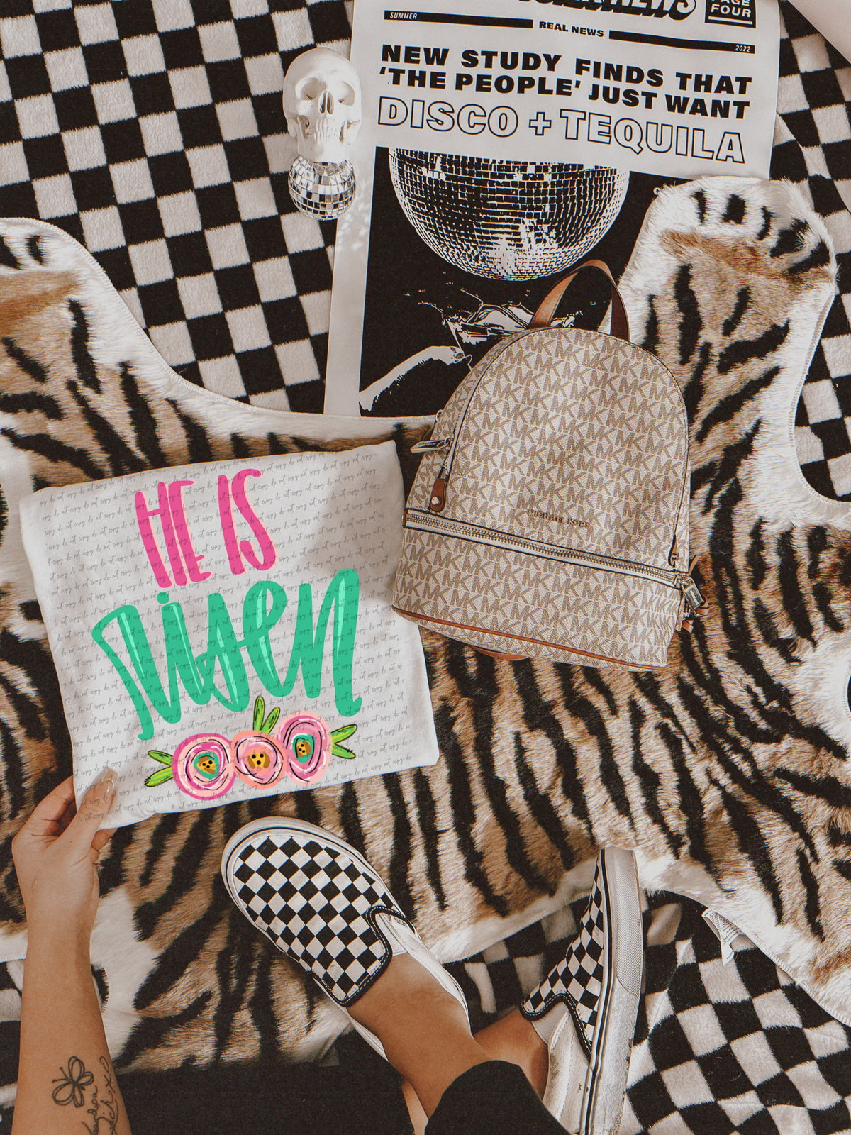 He is Risen (pink and green font with flowers) 23249 DTF transfer