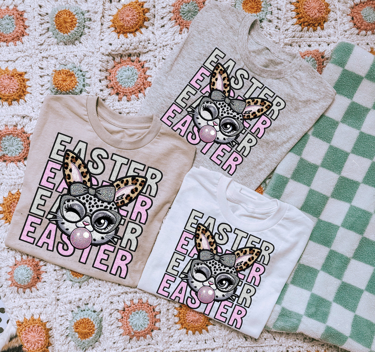 Easter stacked with bunny blowing bubble DTF transfer