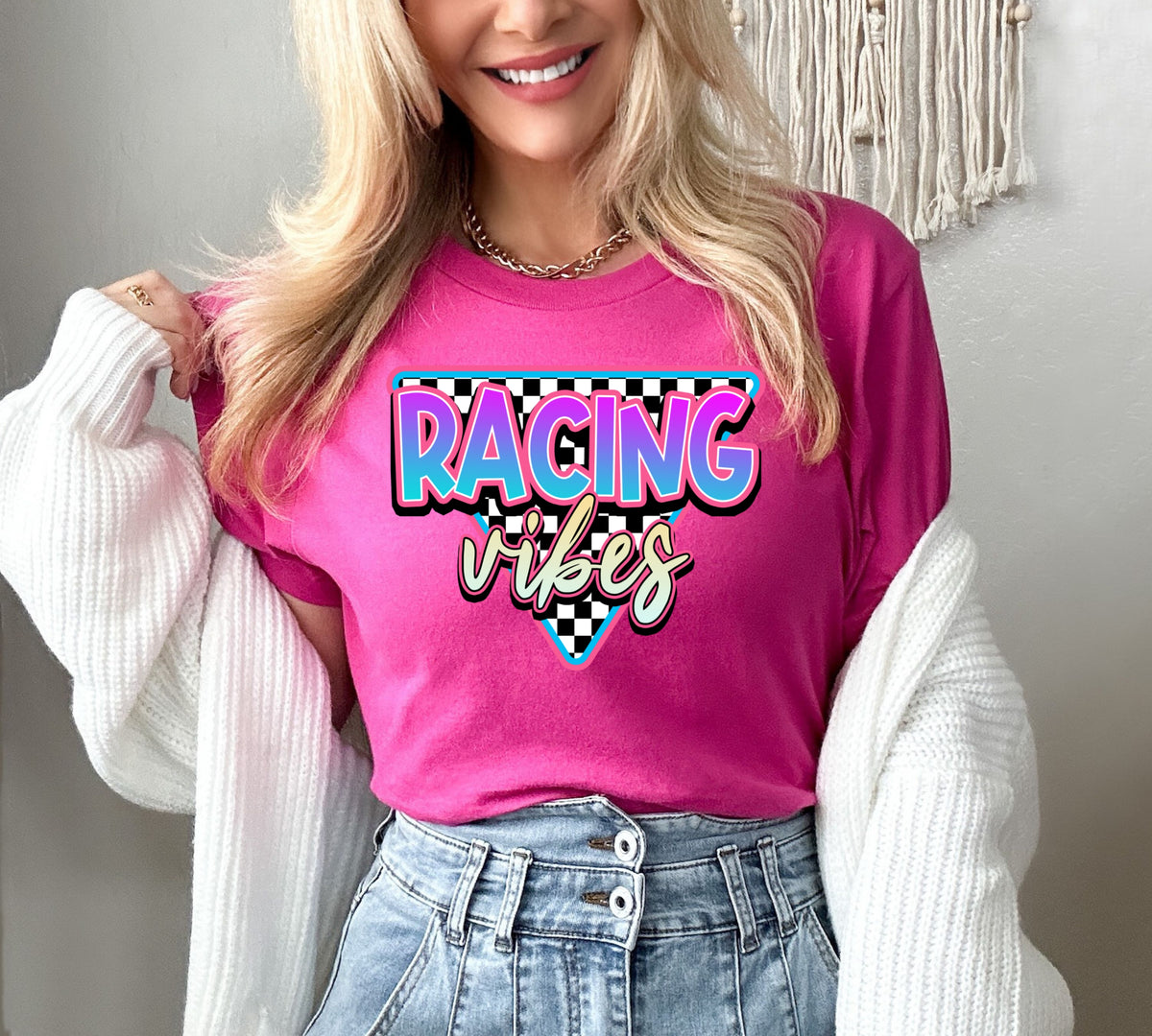 Racing vibes checkered background colorful yellow font (vibes) loud and proud 113441 DTF transfer