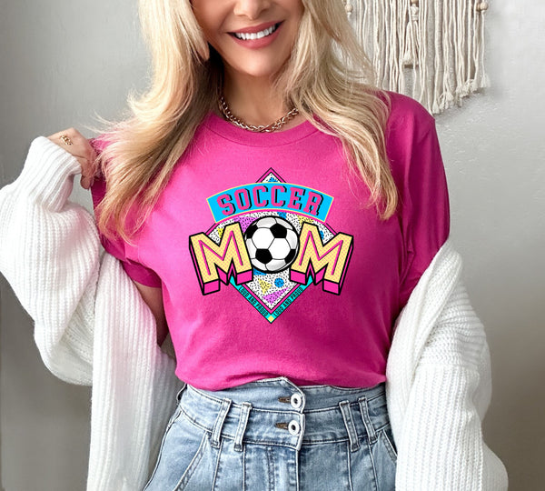 Soccer mom colorful yellow font loud and proud DTF transfer