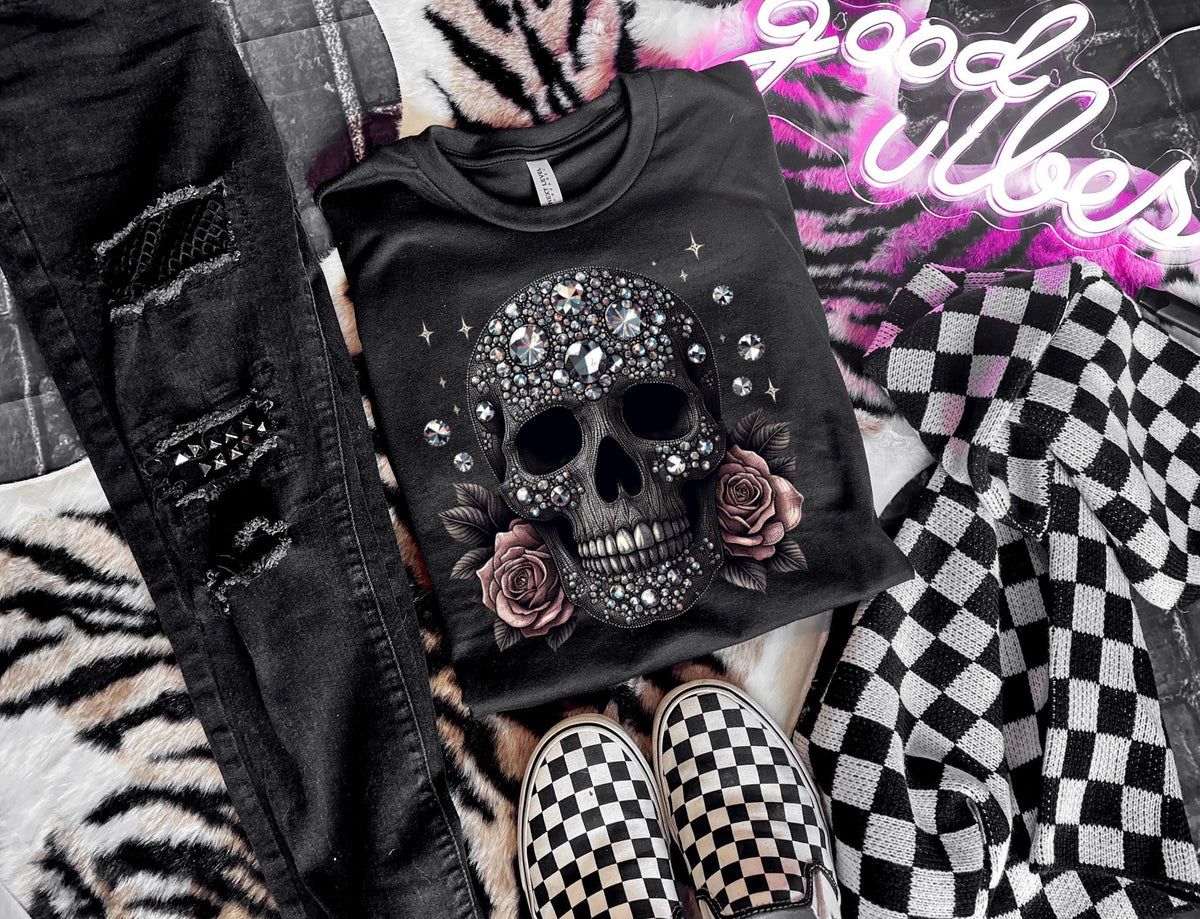 Rhinestone black skull with roses DTF transfer