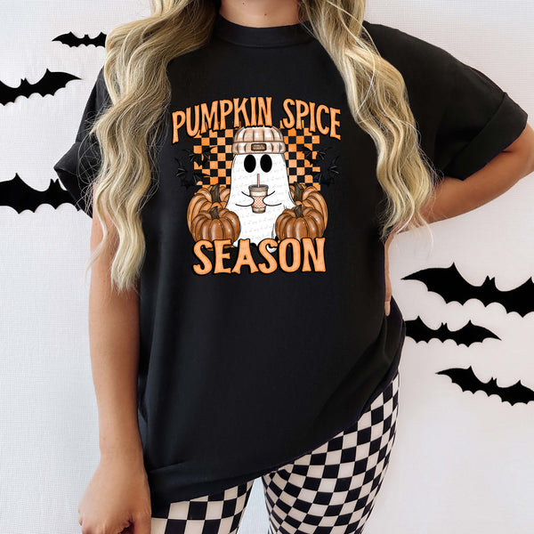 Pumpkin spice season orange font and checkered with ghost (SWD) DTF transfer