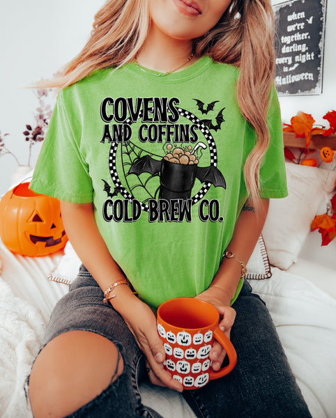 Covers and coffins cold brew co black font (SWD) DTF transfer