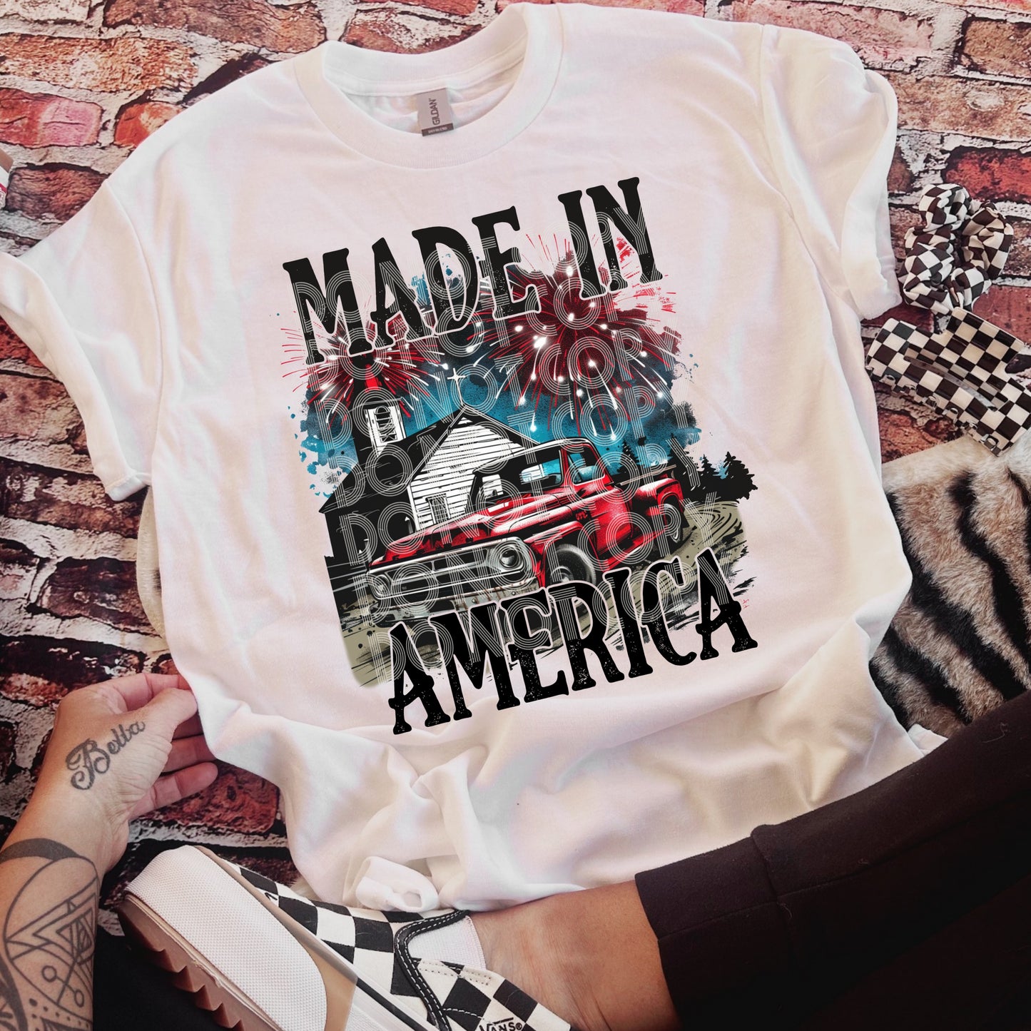 Made in America red truck scene SSD DTF transfer