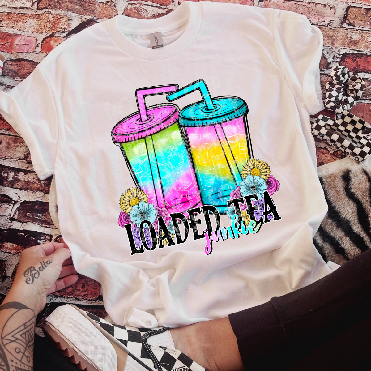Loaded tea junkie colorful SSD DTF transfer