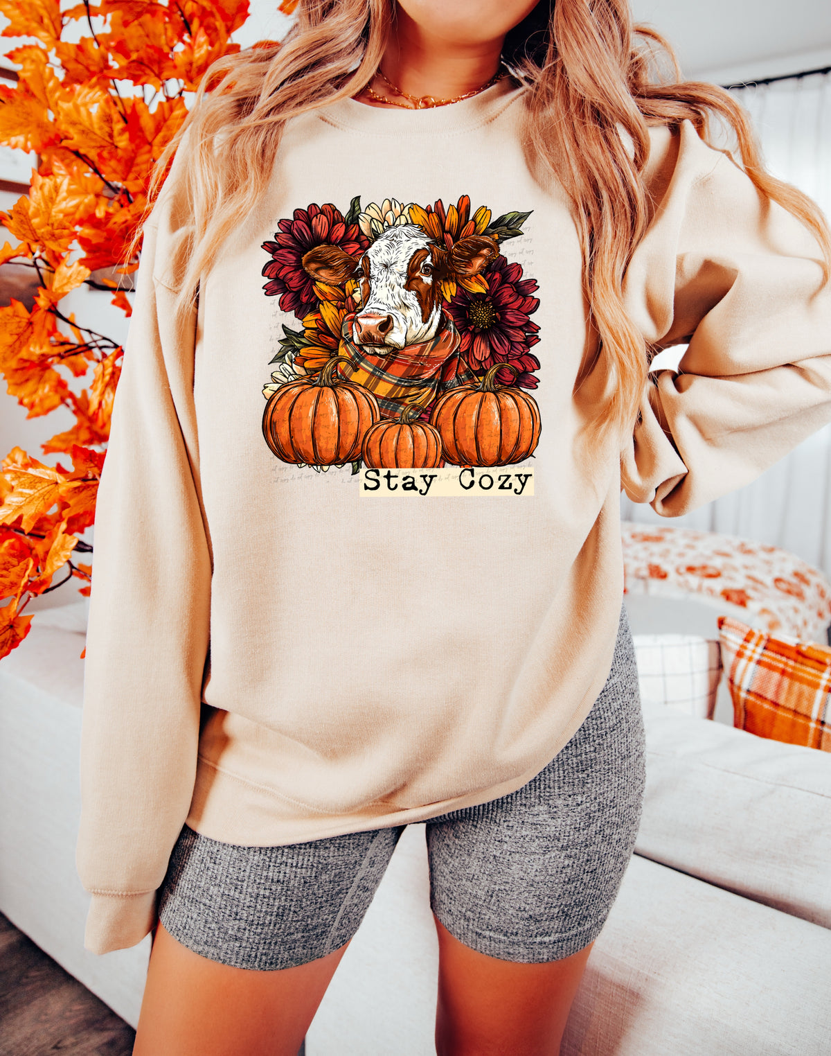 Stay cozy cow sunflowers and pumpkins (cstage) DTF transfer