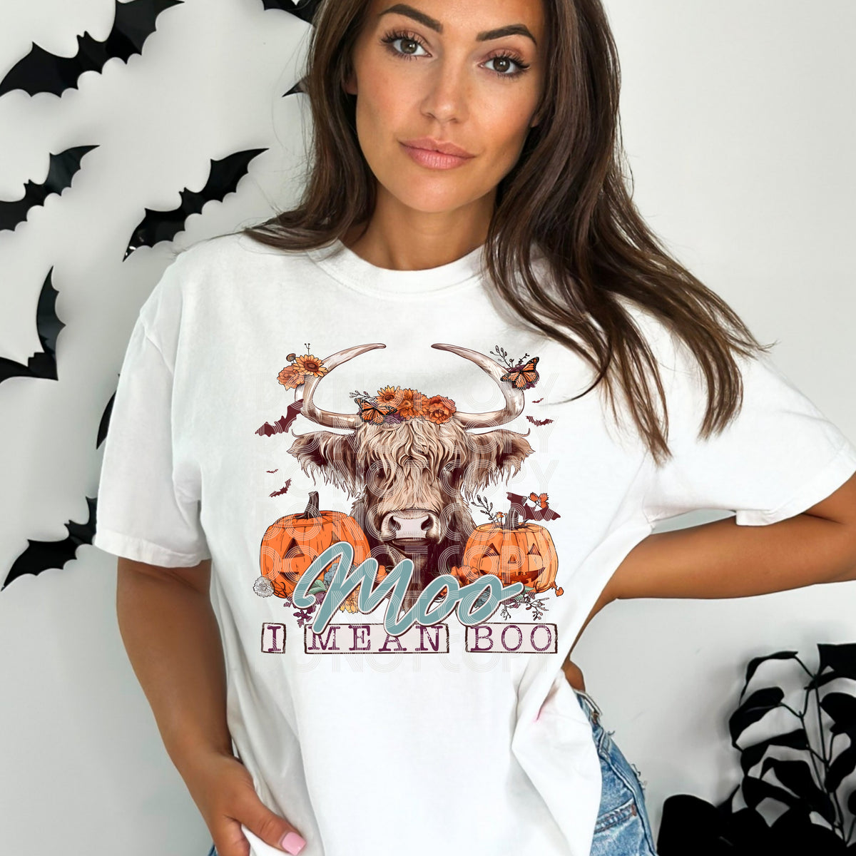 Moo I mean boo shaggy cow DTF transfer