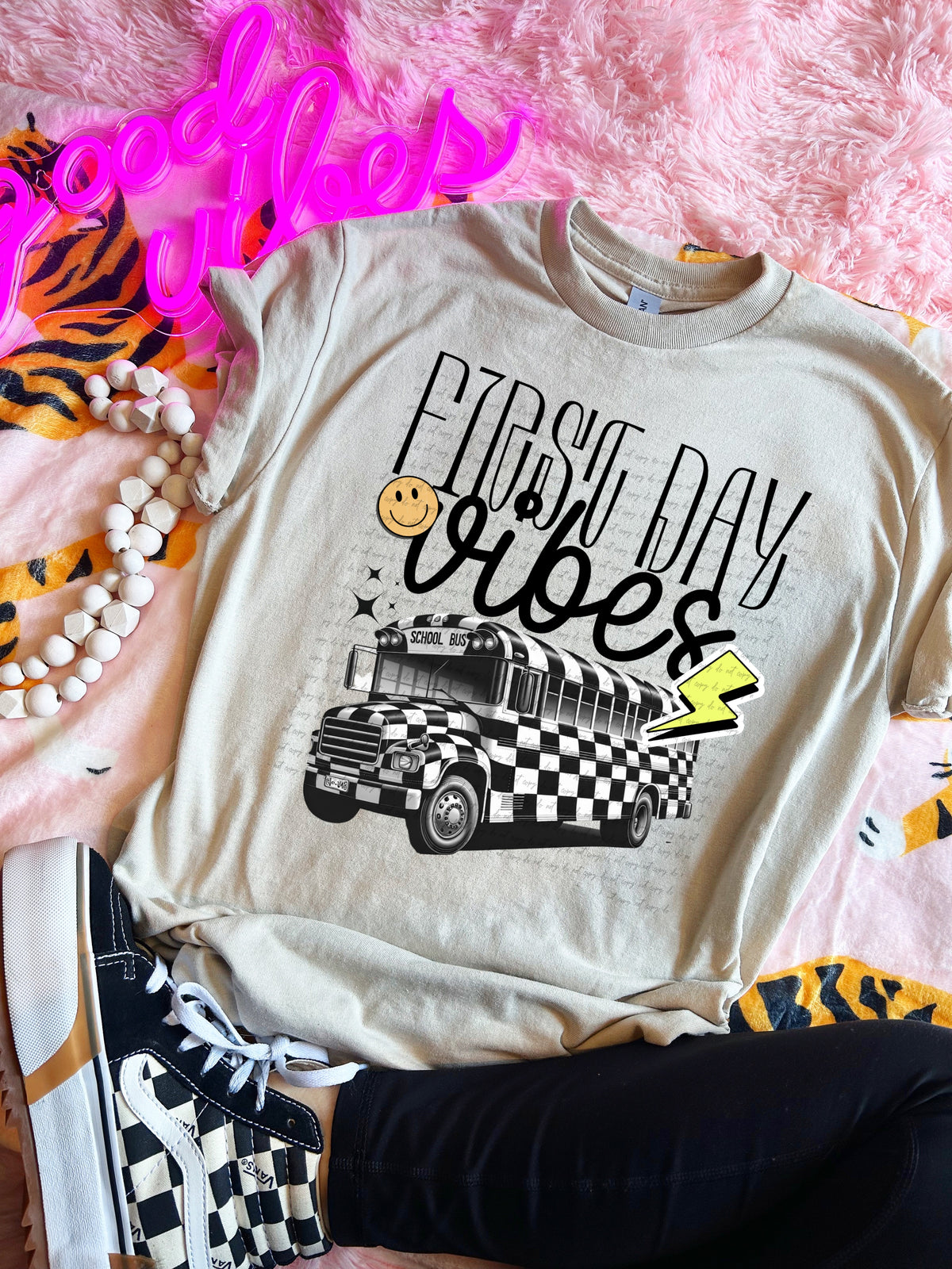 First day vibes checkered bus 117250 DTF TRANSFER