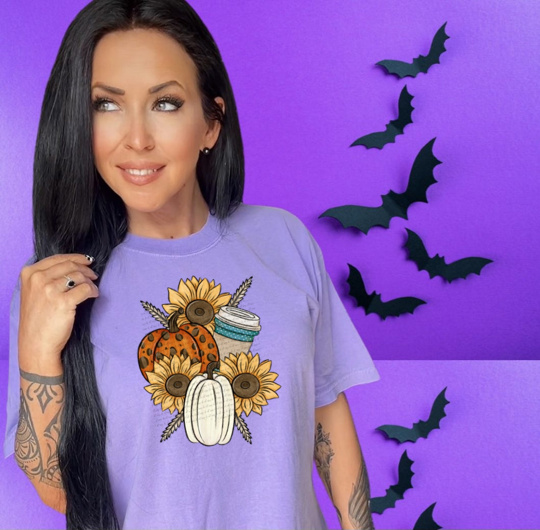 Orange pumpkin black dots sunflowers DTF transfer