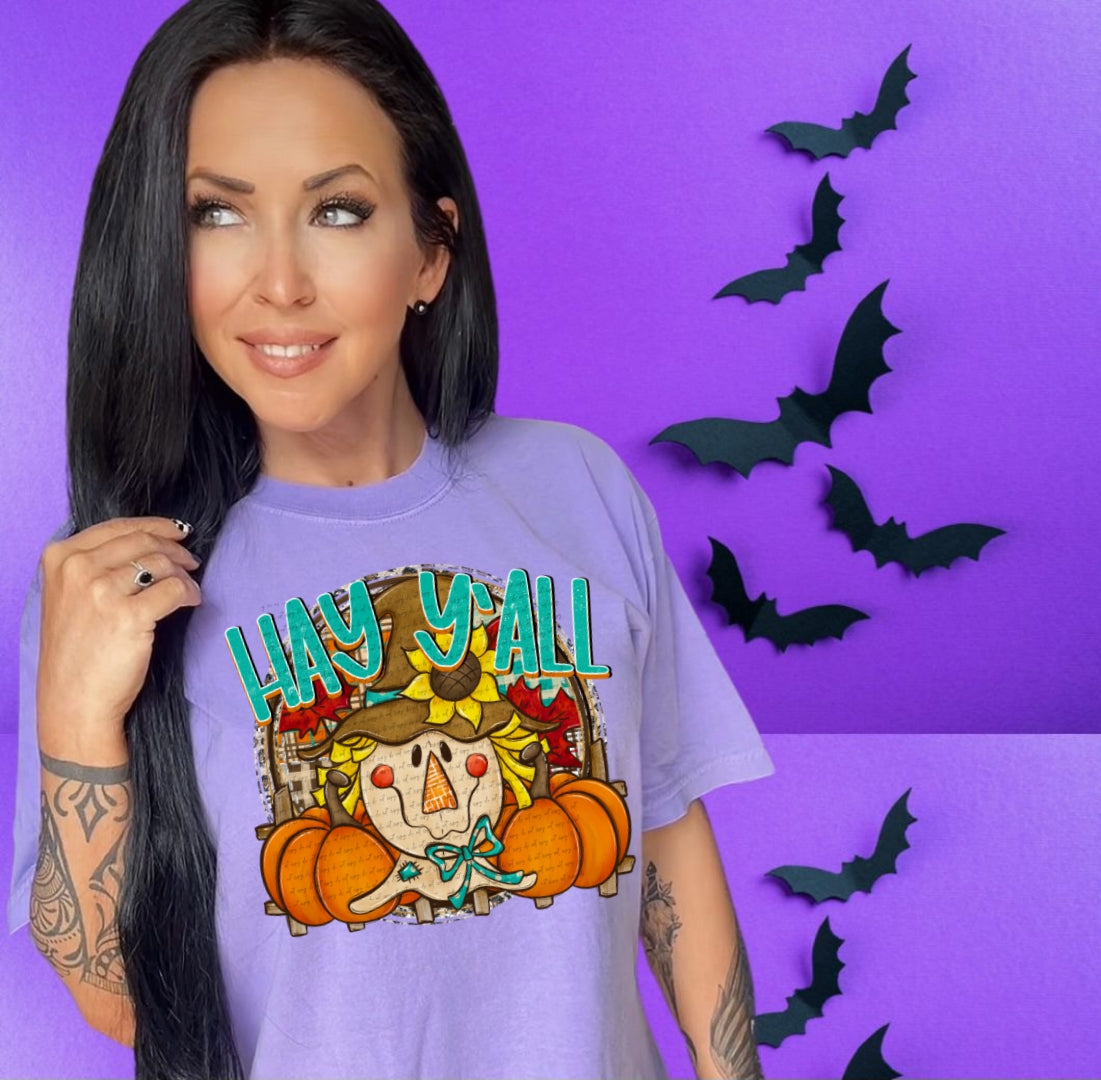 Hay y'all scarecrow circle DTF transfer