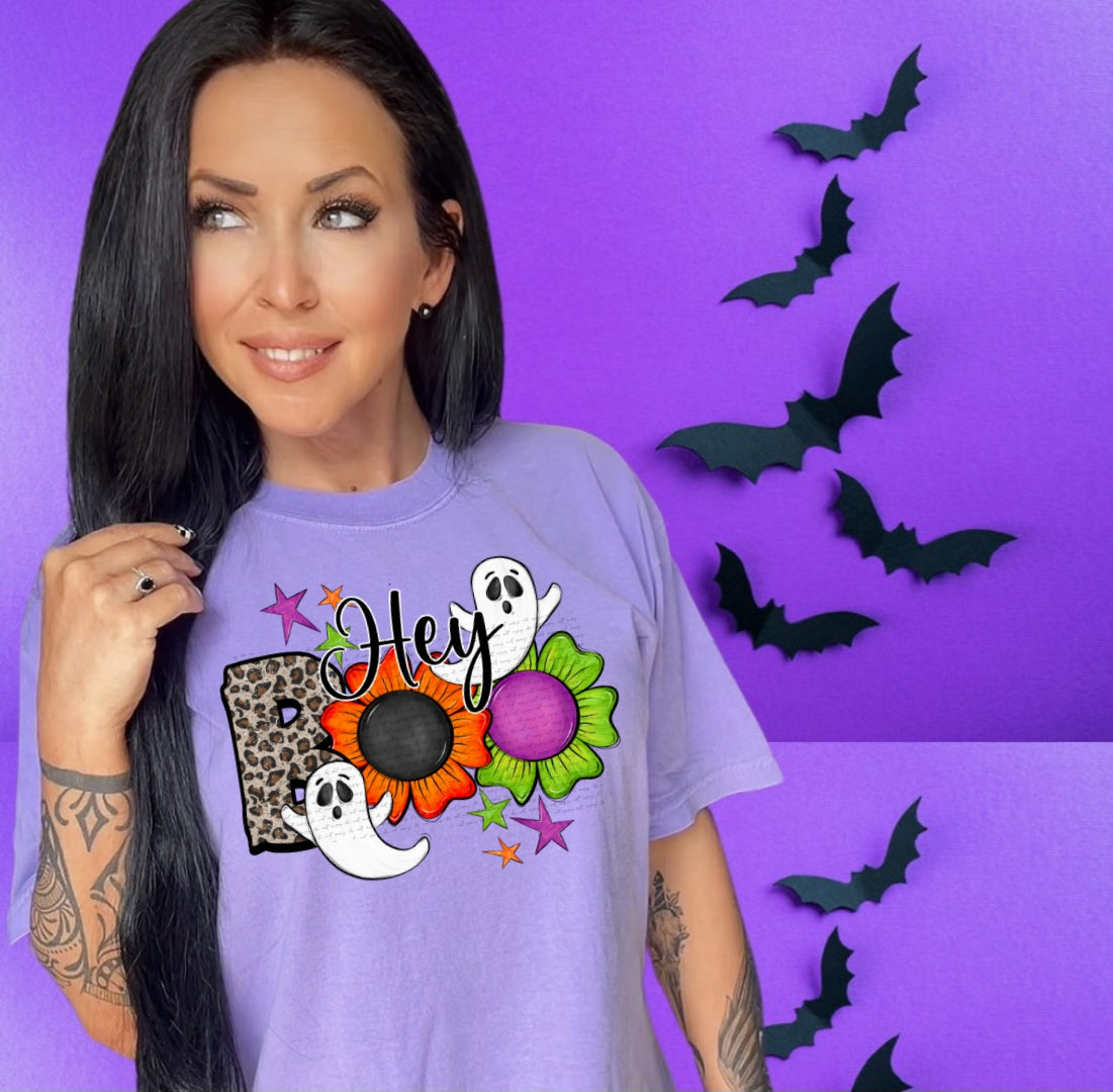 Hey boo leopard B orange and green flowers DTF transfer