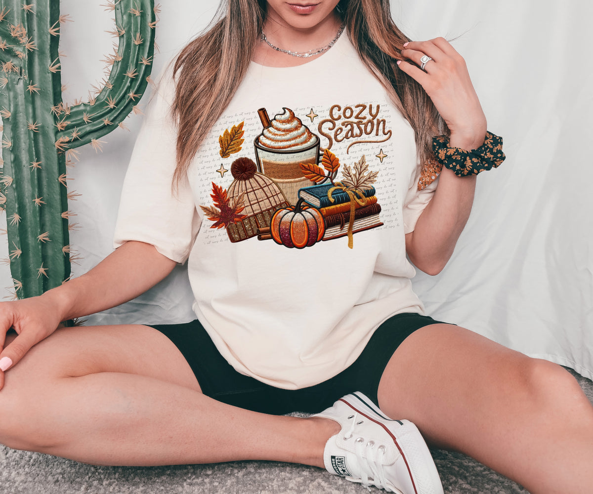 Cozy season stacked books latte bogon pumpkin DTF TRANSFER
