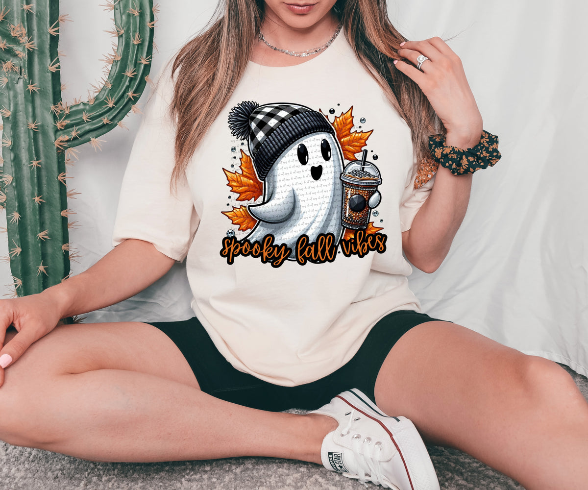 Spooky fall weather COFFEE plaid hat ORANGE LEAVES DTF TRANSFER