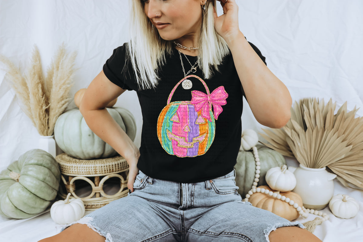 Colorful pumpkin basket pixel DTF transfer