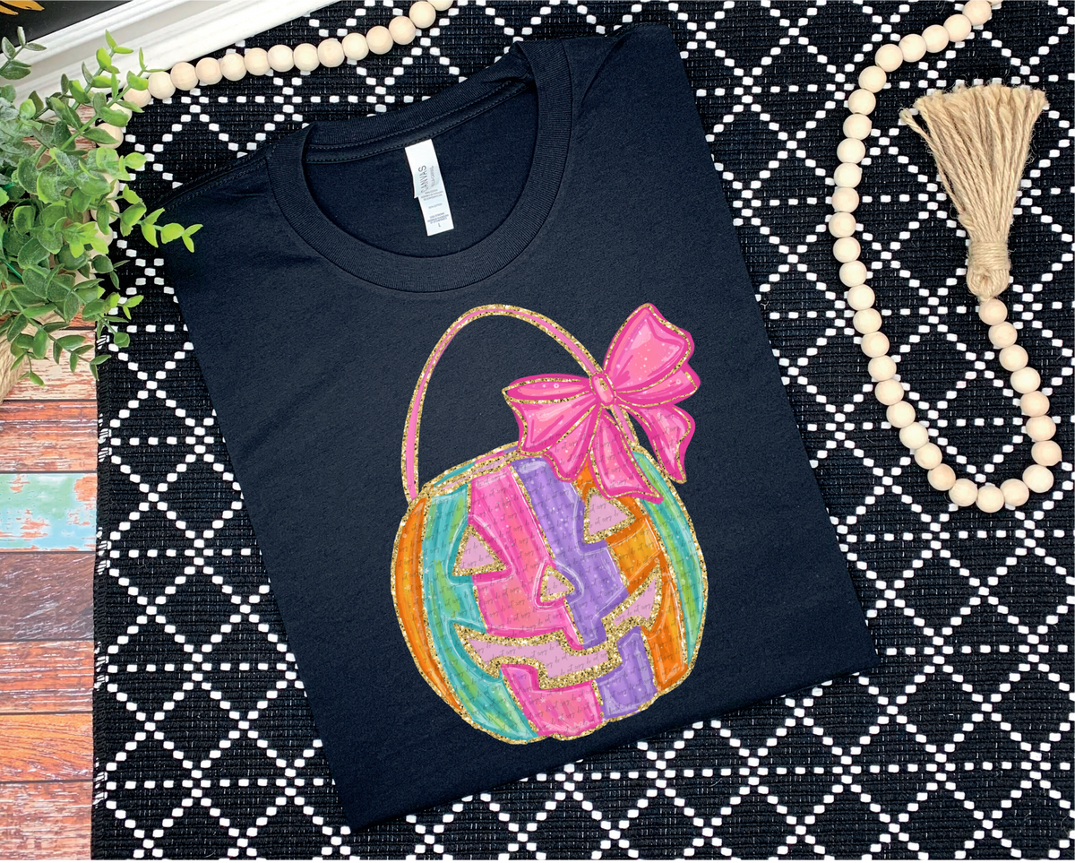 Colorful pumpkin basket pixel DTF transfer