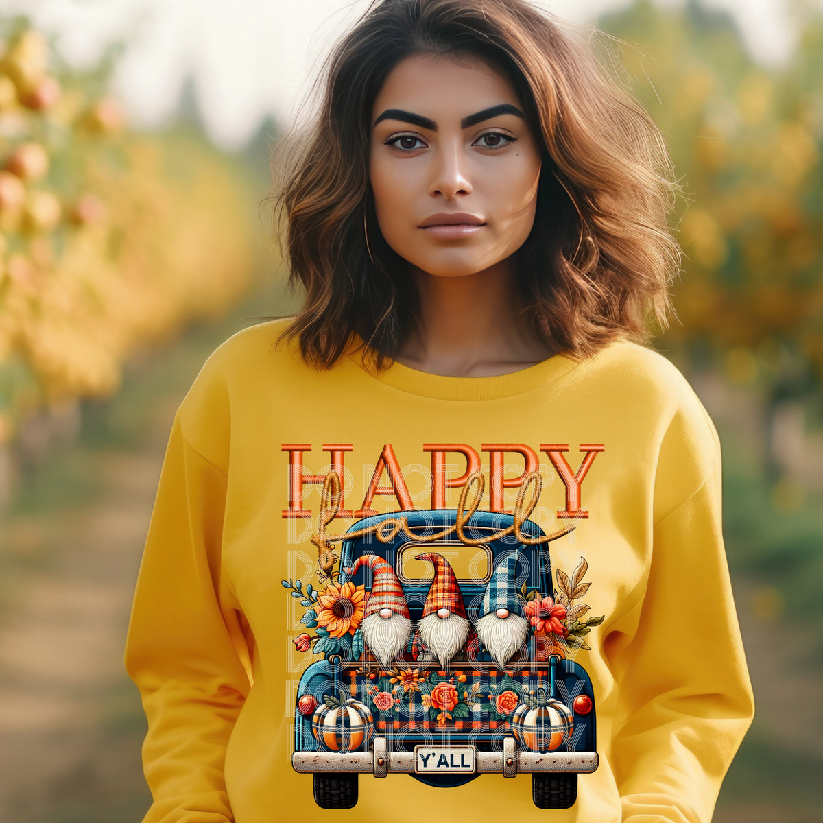 Happy fall embroidery font plaid with gnomes and truck PHD  DTF transfer