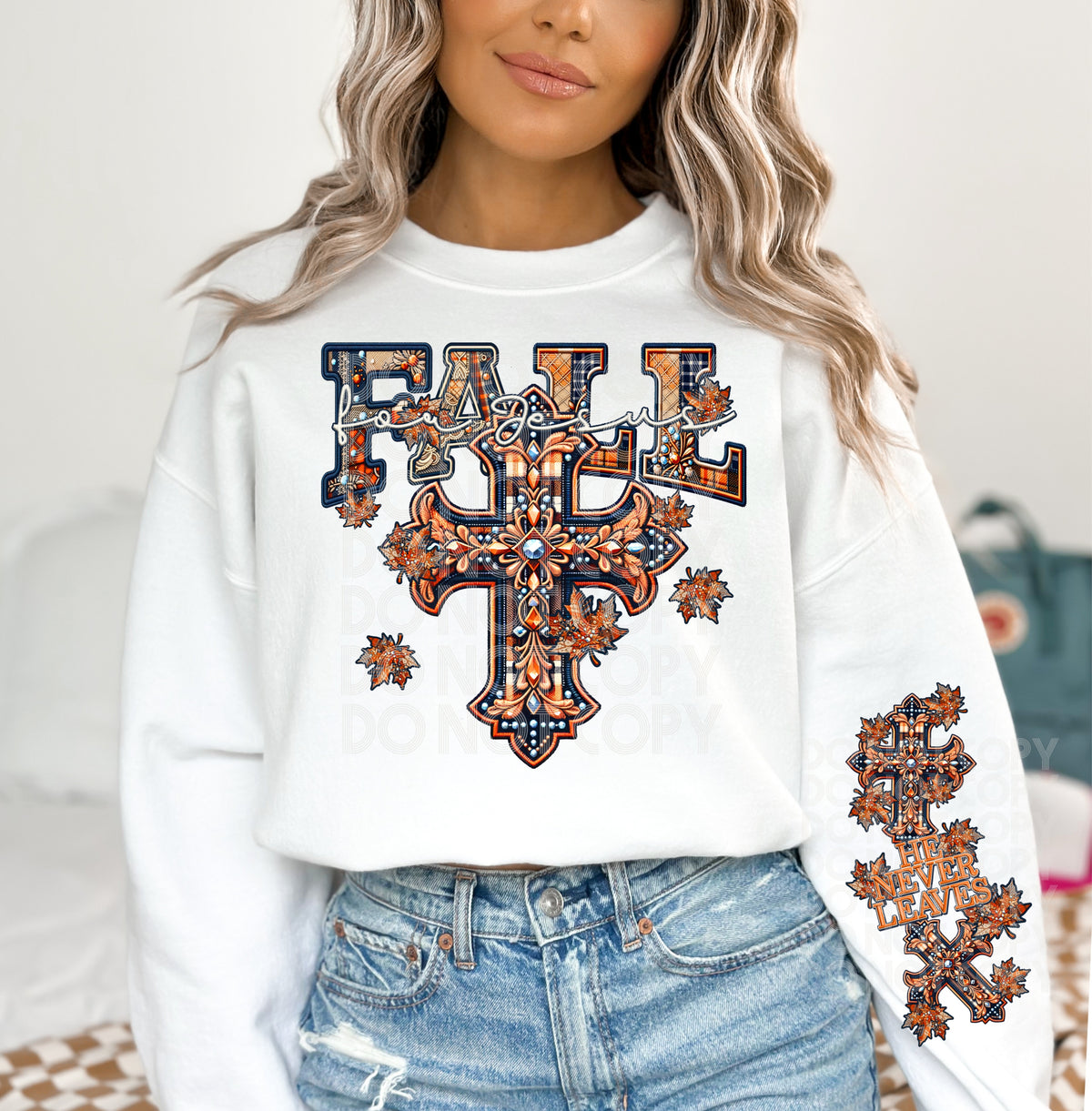 He never leaves embroidery plaid crosses and leaves SLEEVE ONLY PHD  DTF transfer