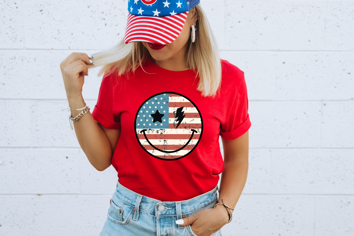 American flag happy face lightning bolt DTF TRANSFER