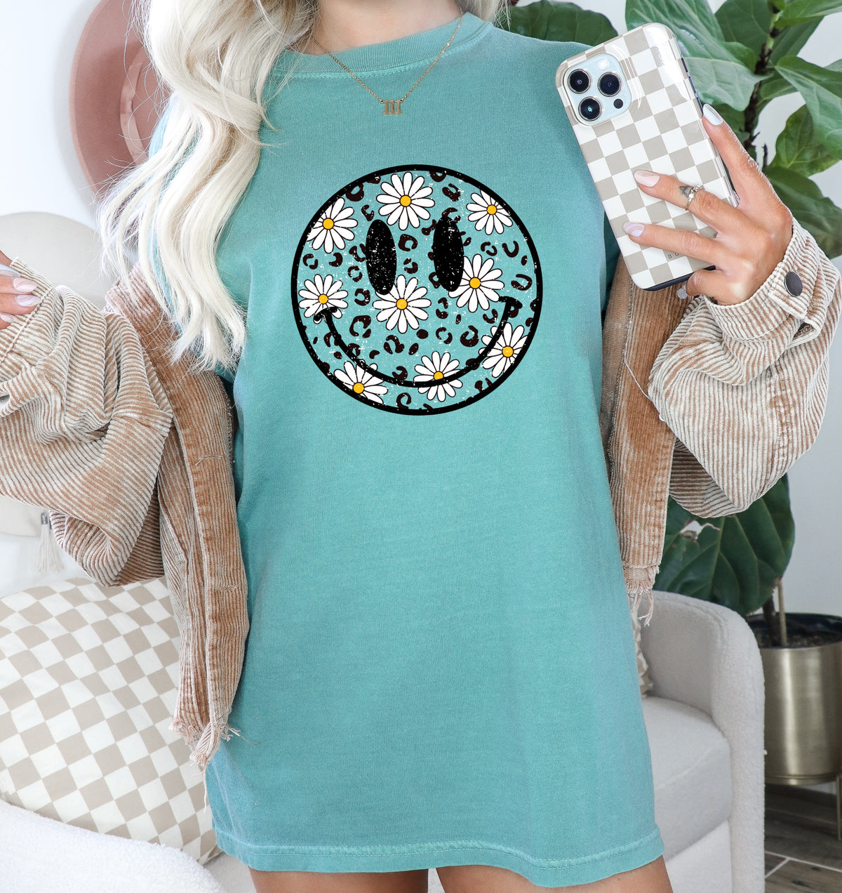 Daisies and leopard happy face DTF TRANSFER