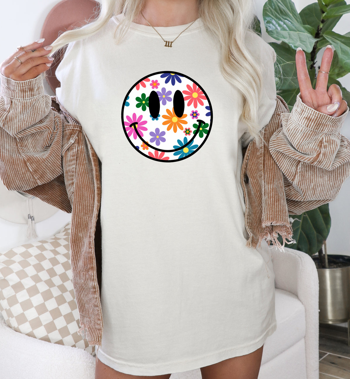 Floral happy face white background DTF TRANSFER